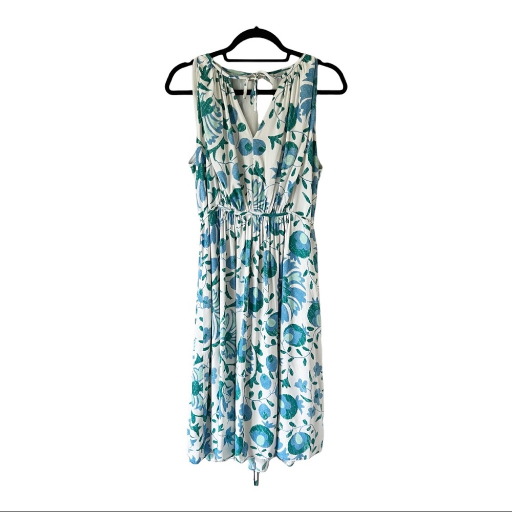Loft Sleeveless Cream/Blue/Green V-Neck Tie Back Flowy Midi Dress Size Large